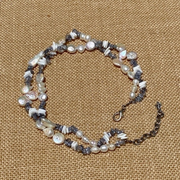 Necklace Pearl Freshwater Authentic double stranded and grey stone necklace. SS - Picture 2 of 10